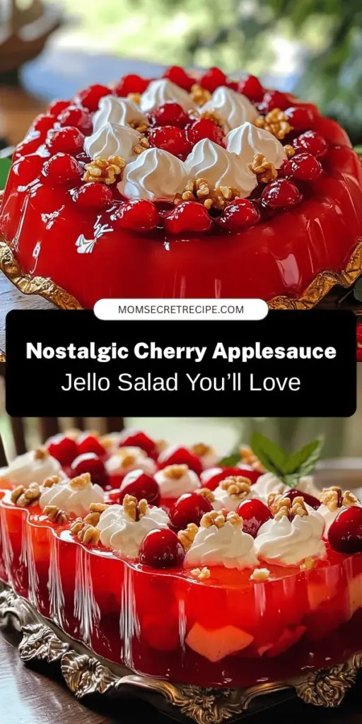 Revive your taste buds with this delightful Cherry Applesauce Jello Salad! A nostalgic dish perfect for family gatherings, this easy-to-make recipe blends tart cherry flavor with the goodness of unsweetened applesauce. Enjoy a vibrant presentation that dazzles both kids and adults alike. It's a versatile side dish for any meal or a light dessert. Check out this recipe for a refreshing treat that brings back cherished memories! #JelloSalad #FamilyRecipes #Nostalgia #DessertIdeas #CherryApplesauce