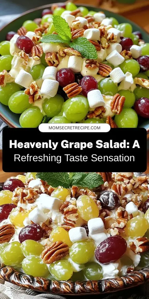 Discover the deliciousness of Heavenly Grape Salad Delight! This refreshing twist on a classic combines sweet grapes with creamy dressing and a satisfying crunch. Perfect for potlucks, family gatherings, or as a light dessert, this salad is a visual and flavorful treat. Made with fresh ingredients like cream cheese and Greek yogurt, it’s a healthy choice packed with antioxidants. Try it today! #GrapeSalad #HealthyRecipes #SaladRecipes #Yummy #RefreshingDesserts