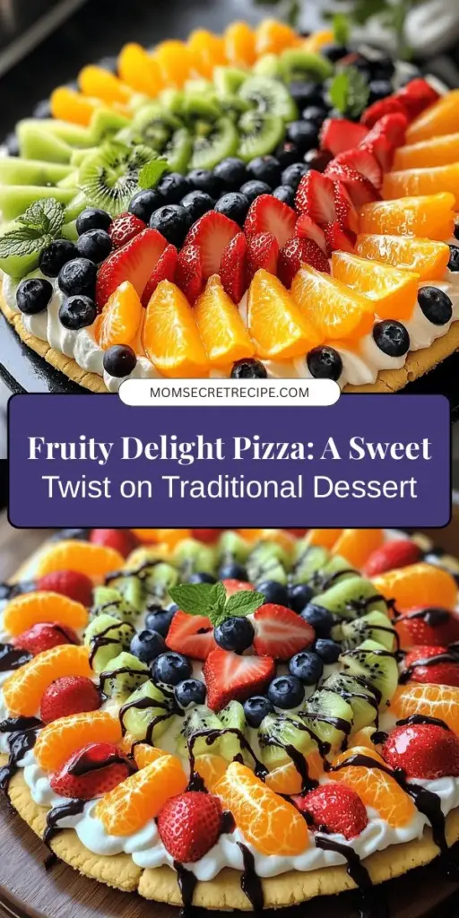 Elevate your dessert game with Fruity Delight Pizza, a refreshing twist on a classic favorite! This vibrant dessert features a cookie-like crust topped with a creamy mixture of cream cheese and a rainbow of fresh fruits like strawberries, kiwi, and blueberries. Perfect for summer gatherings, it’s not only delicious but also a healthier indulgence packed with vitamins. Add a drizzle of dark chocolate for an extra treat! #DessertPizza #FruityDelight #HealthyDesserts #SummerTreats #Yummy