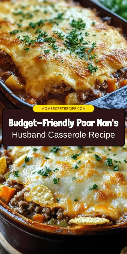 Discover the heartwarming and budget-friendly Poor Man's Husband Casserole, a delightful one-dish meal perfect for busy families. Packed with ground meat, mixed vegetables, and creamy goodness, this casserole is easy to make and satisfying for everyone at the table. It’s the ideal solution for weeknight dinners or meal prep! Try this delicious recipe to enjoy its comforting flavors and create lasting memories around your dining table. #Casserole #BudgetMeals #FamilyDinner #EasyRecipe #ComfortFood