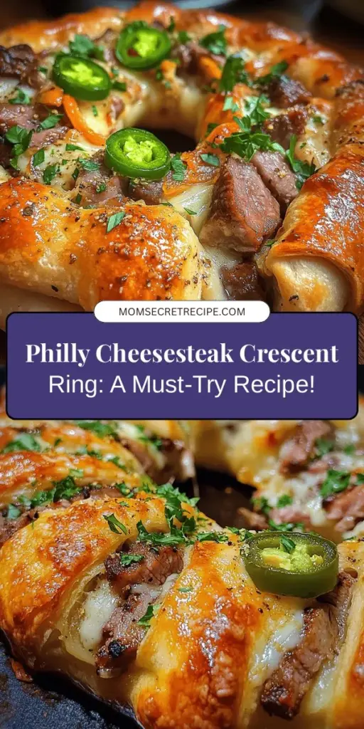 Elevate your dinner with this Philly Cheesesteak Crescent Ring! A fun twist on the classic cheesesteak, this dish features tender ribeye, sautéed onions and peppers, and creamy cheeses enveloped in a flaky crescent dough. Perfect for gatherings or cozy family dinners, the ring is easy to make and absolutely delicious. Serve it with marinara or ranch for added flavor! #PhillyCheesesteak #CrescentRing #ComfortFood #EasyRecipes #DinnerIdeas #Foodie