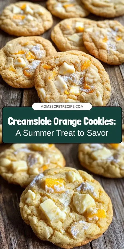 Celebrate summer with these delightful Creamsicle Orange Cookies! Combining the nostalgic flavors of orange and creamy vanilla, these soft, chewy cookies are the perfect treat for picnics, barbecues, or just a sweet snack at home. Using fresh orange juice and zest enhances their vibrant flavor, while white chocolate adds a creamy twist. Enjoy the joys of baking and capture the essence of summer in every bite! #CreamsicleCookies #SummerBaking #CookieRecipe #CitrusDelight #BakingFromScratch