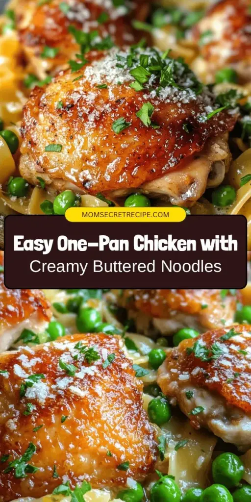 Discover the convenience of One-Pan Chicken with Buttered Noodles, the perfect solution for busy weeknight dinners. This simple recipe combines tender chicken thighs, creamy egg noodles, and vibrant peas, all cooked in one dish for minimal cleanup. Ready in under 30 minutes, it's a deliciously satisfying meal that can be customized to your taste. Try it and make it a staple in your recipe rotation! #OnePanMeals #ChickenDinner #EasyRecipes #ComfortFood #QuickMeals