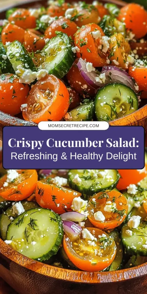 Discover the Crispy Refreshing Cucumber Delight, a vibrant salad perfect for summer! This recipe combines crunchy cucumbers, sweet cherry tomatoes, and tangy feta for a light and nutritious dish that hydrates and delights with every bite. Packed with vitamins, antioxidants, and healthy fats, it’s not just delicious but also good for you. Customize it to suit your tastes and enjoy it as a standalone meal or a refreshing side. #CucumberSalad #HealthyEating #SummerRecipes #FreshSalads #Nutrition #Foodie #SaladLovers #EasyRecipes