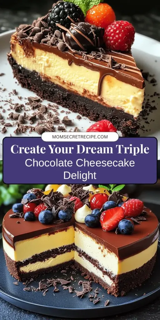 Discover the ultimate indulgence with our step-by-step guide to making a luxurious triple chocolate cheesecake. This rich dessert combines dark, milk, and white chocolate for a velvety experience that chocolate lovers crave. Learn about the perfect crust, creamy filling, and glossy ganache that make each slice a delight. Perfect for any occasion, your friends and family will be thrilled! #TripleChocolateCheesecake #DessertLovers #BakingAtHome #ChocolateLovers #CheesecakeRecipe