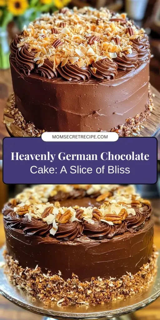 Indulge in the sweet decadence of Heavenly German Chocolate Cake with our step-by-step guide! This delightful dessert features rich chocolate layers paired with a unique coconut-pecan frosting that will elevate any occasion. Perfect for birthdays, weddings, or family gatherings, this classic cake is not just a treat—it's a way to create lasting memories. Ready to impress? Follow our easy recipe and create your own masterpiece today! #GermanChocolateCake #Baking #DessertRecipes #ChocolateLovers #HomemadeTreats