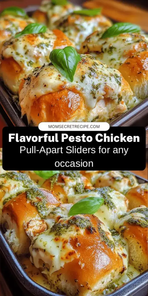 Get ready to impress at your next gathering with these Pesto Chicken Pull-Apart Sliders! These delicious mini sandwiches feature tender chicken mixed with creamy basil pesto and melted mozzarella, all nestled in soft slider rolls. Perfect for parties, game days, or family dinners, they're fun to share and easy to make. Customize them to your taste with simple variations. Try them out for a flavorful crowd-pleaser! #PestoSliders #EasyRecipes #PartyFood #SliderRecipes #ComfortFood #HomemadeDeliciousness