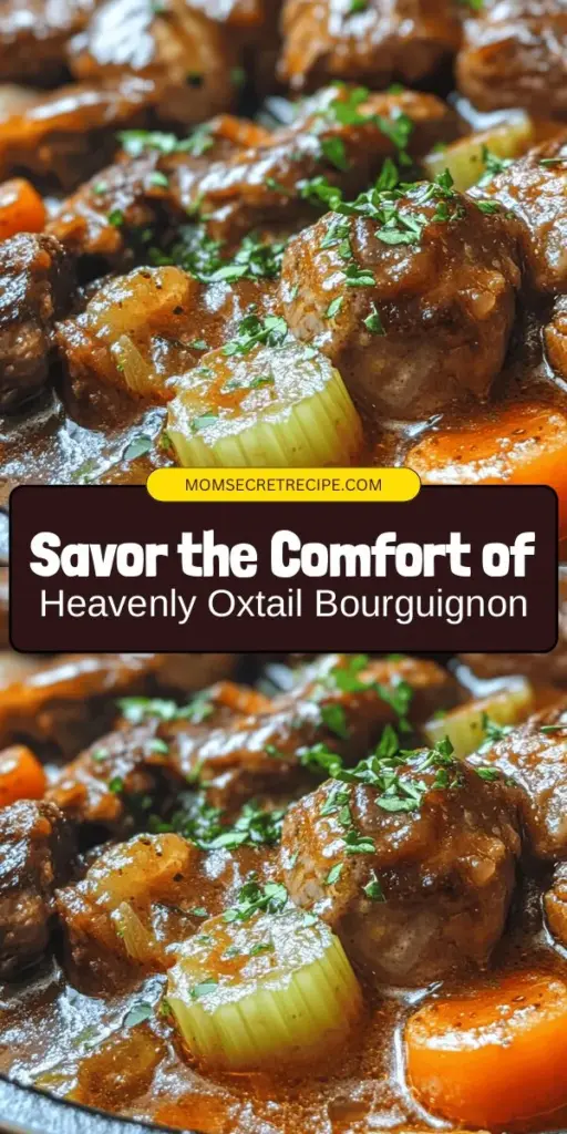 Discover the ultimate comfort food with this Heavenly Oxtail Bourguignon recipe! This rich and hearty stew, inspired by the flavors of France's Burgundy region, combines tender oxtail, aromatic vegetables, and robust red wine for a truly indulgent dish. Perfect for cozy gatherings or special occasions, this recipe celebrates traditional cooking techniques. Elevate your dining experience and warm your soul with every bite! #OxtailBourguignon #ComfortFood #FrenchCuisine #HeartyStew #Foodie #RecipeInspiration #HomeCooking