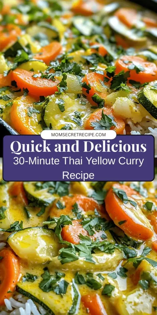 Discover the vibrant flavors of Thai cuisine with this Easy 30-Minute Thai Yellow Curry recipe! Packed with fresh vegetables, creamy coconut milk, and aromatic spices, this dish is both quick to prepare and customizable for various dietary needs, including vegetarian and vegan options. Perfect for busy weeknights, this curry warms the soul and tantalizes the taste buds. Explore a delightful culinary adventure today! #ThaiCurry #QuickRecipes #HealthyEating #30MinuteMeals #ComfortFood #CurryLovers #VegetarianRecipes