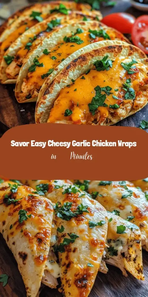 Indulge in the deliciousness of Cheesy Garlic Chicken Wraps, ready in just 30 minutes! This flavor-packed recipe features tender shredded chicken, creamy cheese, and aromatic garlic all wrapped in a soft tortilla. Perfect for lunch, dinner, or snacks, these wraps are versatile and easy to make. Explore variations, nutritional insights, and tips for grilling to perfection. Your taste buds will thank you! #ChickenWraps #EasyRecipes #CheesyGoodness #QuickMeals #Foodie