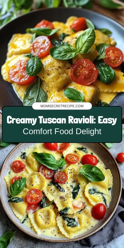 Indulge in the rich flavors of Creamy Tuscan Ravioli, a stunning Italian dish that's as easy to prepare as it is delightful to eat. With tender cheese-filled ravioli smothered in a luxurious creamy sauce, complemented by sautéed garlic, cherry tomatoes, and fresh spinach, this meal is perfect for any occasion. Elevate your dining experience with simple ingredients and outstanding taste. Try it tonight! #Ravioli #ItalianCuisine #PastaLovers #CreamySauce #EasyRecipes #DinnerIdeas #Foodie