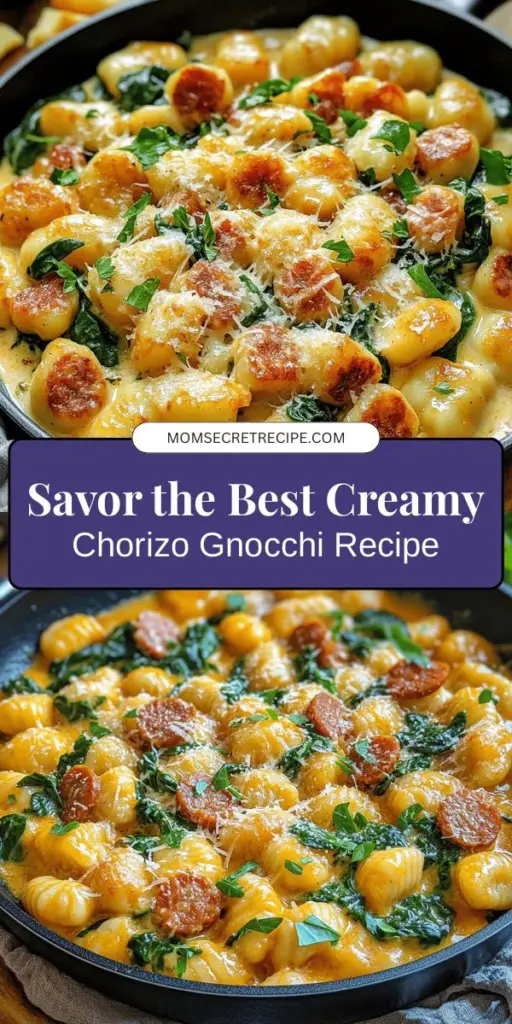 Discover the deliciousness of creamy chorizo gnocchi with this easy recipe that brings together the chewy texture of potato gnocchi and the bold flavors of spicy chorizo in a luscious creamy sauce. Perfect for busy weeknights or entertaining, this dish not only satisfies your cravings but also impresses with its gourmet appeal. Add spinach and Parmesan for extra nutrition and flavor. Try it today! #ChorizoGnocchi #ComfortFood #EasyRecipes #PastaLovers #Foodie #WeeknightDinners #CookingMadeEasy