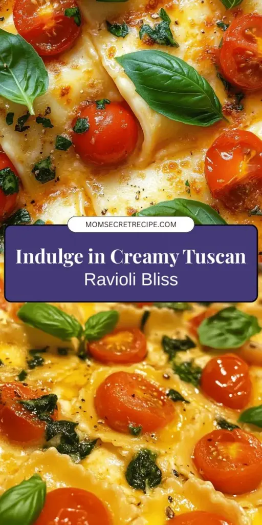 Indulge in the rich flavors of Italy with Creamy Tuscan Ravioli, the perfect dish for any occasion! This comforting meal combines tender cheese-filled ravioli with a luscious cream sauce, vibrant cherry tomatoes, fresh spinach, and aromatic garlic. A true culinary delight that’s easy to prepare and great for sharing. Elevate your dining experience with this vibrant recipe that transports you straight to Tuscany! #Ravioli #PastaLovers #ItalianCuisine #ComfortFood #CookingAtHome #PastaRecipe #Foodie #TuscanyTaste