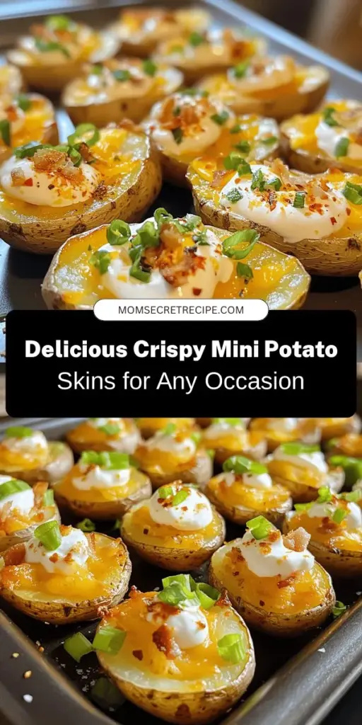 Indulge in the ultimate comfort food with these crispy mini potato skins! Perfect as an appetizer for any occasion, they combine a delightful crunch with customizable toppings to please every palate. Using baby potatoes, this recipe offers a bite-sized twist on a classic favorite. Easy to prepare and adaptable to dietary needs, these mini delights will impress your guests and make any gathering memorable. Try them out! #MiniPotatoSkins #Appetizer #ComfortFood #PartyFood #EasyRecipes #SnackIdeas