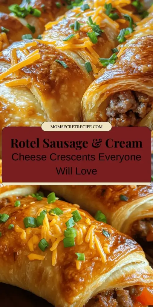 Looking for a delicious and easy appetizer? Try these Savory Rotel Sausage & Cream Cheese Crescents! Combining savory sausage, creamy cheese, and zesty Rotel tomatoes, they're perfect for any occasion from game days to family snacks. Baked in flaky crescent dough, each bite is a delightful explosion of flavors. Easy to prepare, these crescents are sure to be a hit at your next gathering! #Appetizer #GameDay #CrescentRolls #Delicious #EasyRecipes #SausageCrescent