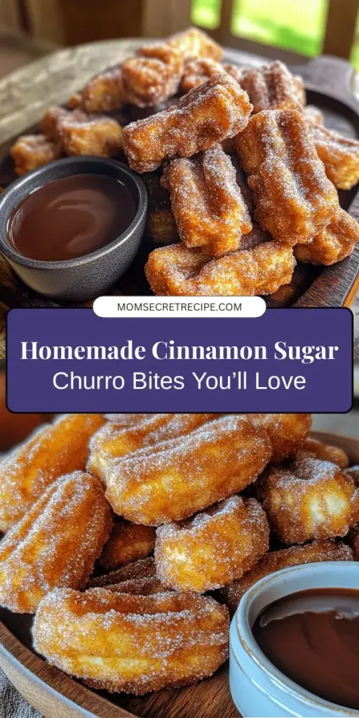 Satisfy your sweet cravings with homemade cinnamon sugar churro bites! This easy recipe transforms traditional churros into adorable, bite-sized treats, perfect for any occasion. Enjoy the crispy exterior and soft, airy interior coated in a delicious mix of cinnamon and sugar. Serve them warm with chocolate or caramel sauce, and watch everyone smile! Discover the joy of making these irresistible treats at home! #ChurroBites #HomemadeTreats #DessertLovers #SweetSnacks #CinnamonSugar