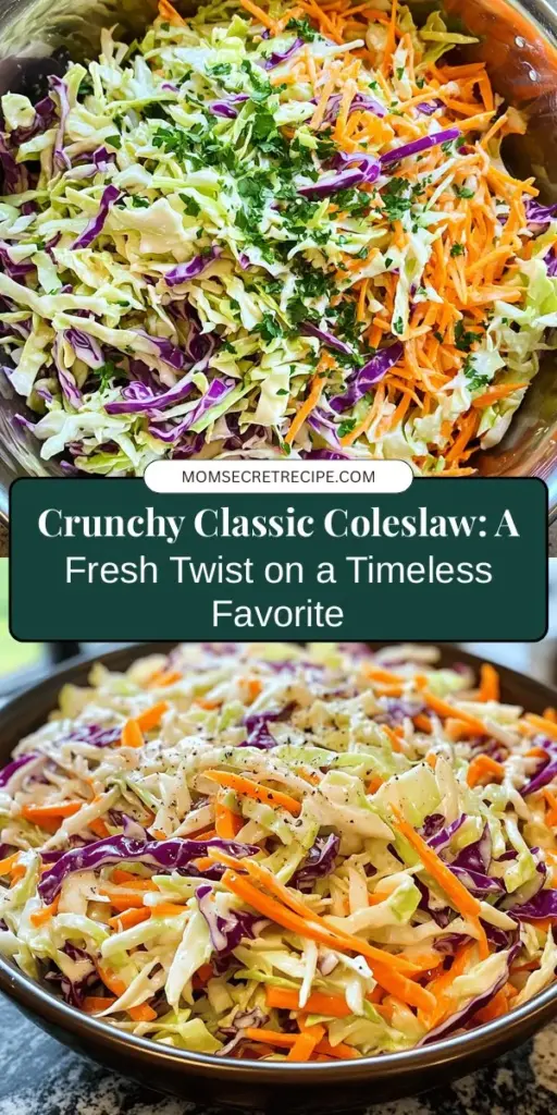 Discover the refreshing taste of Crunchy Classic Coleslaw, a vibrant side dish perfect for any occasion! With a delightful mix of green and red cabbage, carrots, and a creamy dressing, it’s a quick and easy recipe that will elevate your summer barbecues or family dinners. Learn about its rich history, nutritional benefits, and even get tips for customizations. Create a beautiful, crunchy salad that everyone will love! #Coleslaw #SaladRecipes #HealthyEating #SideDish #SummerCooking #BBQFun #Vegetarian #RecipeIdeas