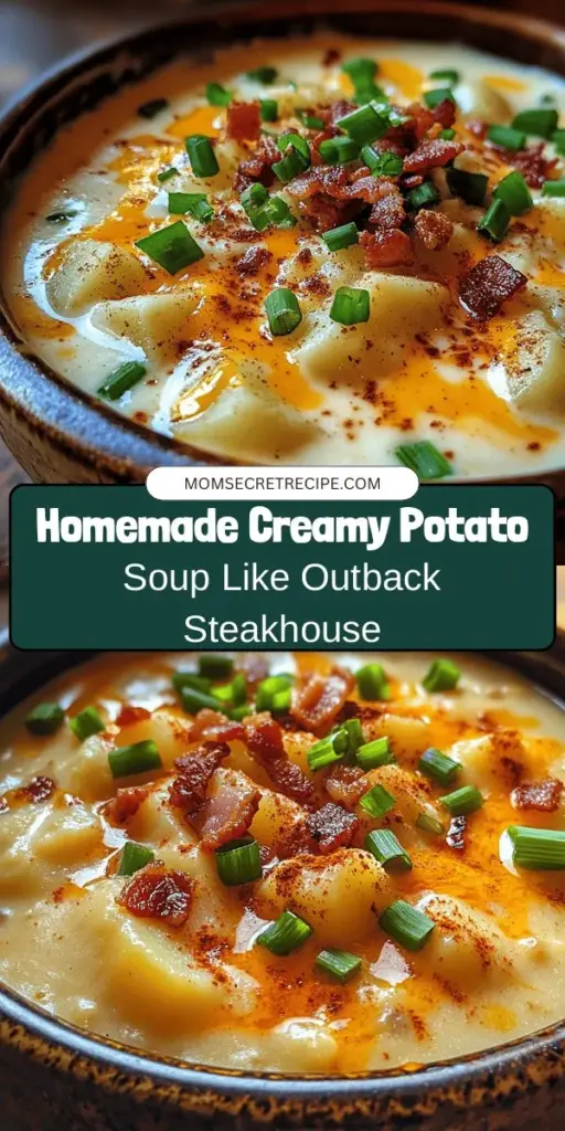 Warm up your evenings with this Outback Steakhouse inspired creamy potato soup recipe! It's a comforting dish that blends rich flavors and a velvety texture, perfect for family dinners or cozy nights in. With simple ingredients like russet potatoes, heavy cream, and sharp cheddar, this homemade delight rivals your favorite restaurant. Get ready to impress everyone at your table! #CreamyPotatoSoup #ComfortFood #HomeCooking #OutbackSteakhouse #SoupRecipe #CozyMeals #Foodie