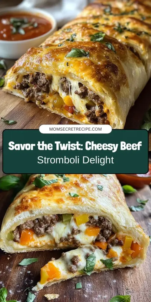 Discover the delightful taste of Cheesy Beef Stromboli, a unique twist on a classic Italian dish. This mouthwatering recipe features ground beef, gooey cheese, and fresh veggies wrapped in a golden-brown crust, perfect for family dinners and gatherings. Customize your filling to cater to any taste or dietary need. Dive into the fun of making this comforting dish that’s sure to impress your loved ones! #Stromboli #CheesyBeef #ItalianFood #ComfortFood #EasyRecipes #FoodieFun