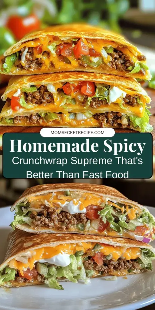 Craving a spicy, satisfying meal? Try this easy Spicy Crunchwrap Supreme Copycat recipe! With layers of seasoned meat, crunchy tostadas, fresh veggies, and cheesy goodness wrapped in a warm tortilla, this homemade version offers all the flavor minus the preservatives. Perfect for customizing to your taste, from extra spice to veggie-packed options. Enjoy a healthier, delicious twist on a fast-food favorite! #CrunchwrapSupreme #HomemadeRecipes #DinnerIdeas #Foodie #SpicyFood #QuickMeals