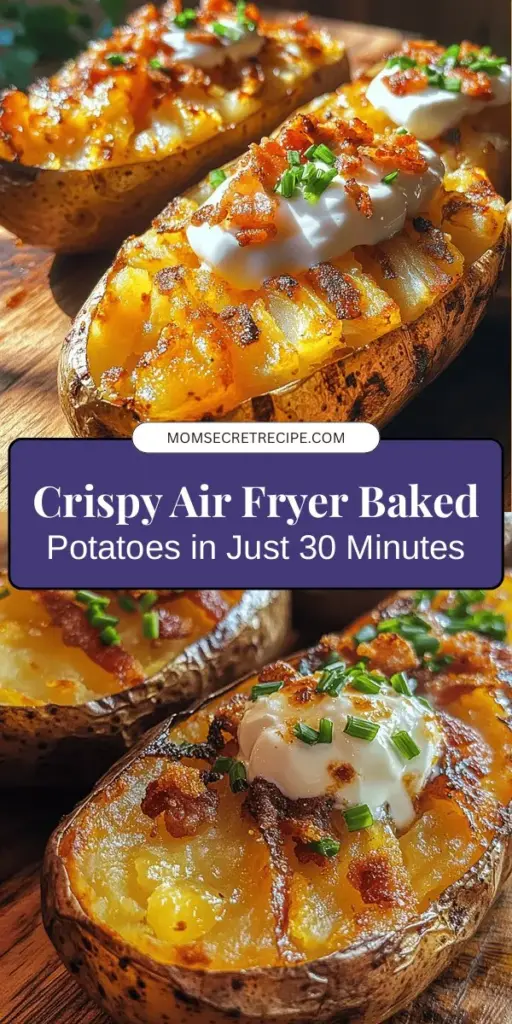 Discover the delight of crispy air fryer baked potatoes! This quick and healthy alternative to traditional baked potatoes is easy to make, taking just 30 minutes to achieve a fluffy interior and crispy skin. Perfect for weeknight dinners or gatherings, they offer endless topping possibilities from cheese to sour cream. Master this must-try recipe and impress your loved ones! #AirFryerRecipes #BakedPotatoes #HealthyEating #QuickMeals #CrispyPotatoes #CookingTips #Foodie