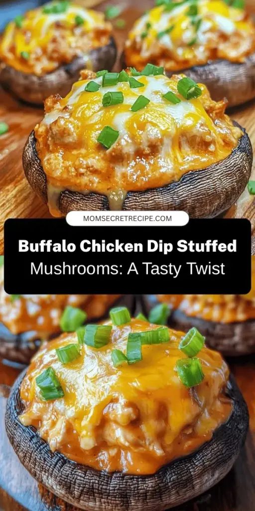 Looking for a fun twist on a classic appetizer? Try these Buffalo Chicken Dip Stuffed Baked Mushrooms! Combining the rich flavors of creamy buffalo chicken dip and savory mushrooms, these bites are perfect for game day or gatherings. They're easy to make and sure to impress your guests. Gather your ingredients, bake to perfection, and watch them disappear! #BuffaloChickenDip #StuffedMushrooms #AppetizerIdeas #GameDaySnacks #Foodie #EasyRecipes #PartyFood