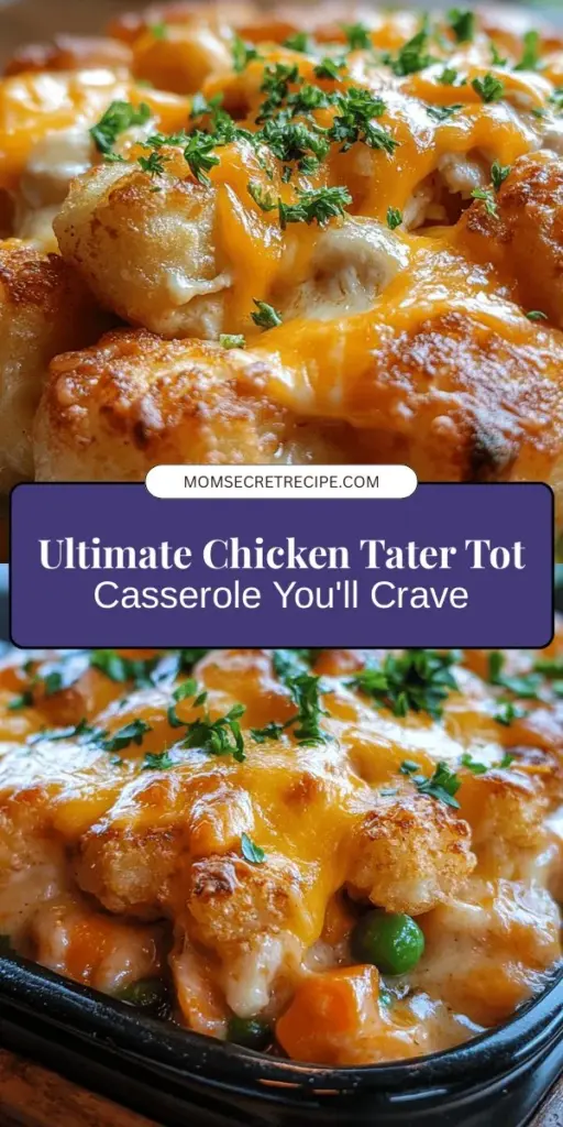 Whip up a family favorite with this delicious Chicken Tater Tot Casserole! Combining tender rotisserie chicken, creamy soup, and crunchy tater tots, this dish is perfect for busy weeknights or gatherings. Easy to make with pantry staples, it allows for endless customization. Serve it with a side salad for a complete meal and watch everyone come back for seconds! Try this comforting recipe today! #TaterTotCasserole #ChickenRecipes #ComfortFood #EasyDinner #FamilyMeals