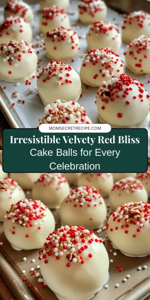 Indulge in the delightful world of Velvety Red Bliss Cake Balls! These bite-sized treats combine the rich flavors of classic red velvet cake with the convenience of portable desserts, perfect for any celebration. Easy to make and visually stunning, these cake balls are coated in luscious white chocolate and can be customized with nuts or sprinkles. Ideal for parties, gatherings, or just a sweet treat at home. Try this recipe today! #RedVelvet #CakeBalls #DessertGoals #BakingLove #SweetTreats #PartyFood