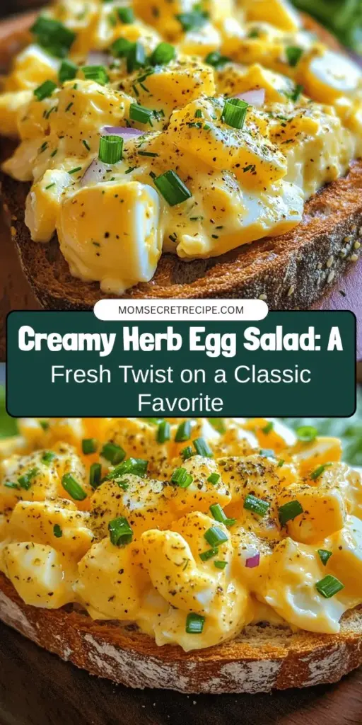 Discover a fresh take on a classic favorite with the Egg-cellent Delight: Creamy Herb Egg Salad. This delicious recipe combines hard-boiled eggs with a creamy blend of mayonnaise, Greek yogurt, and aromatic herbs for a flavorful twist. Perfect for lunch, picnics, or light dinners, it's easy to make and packed with nutrition. Elevate your meals with this vibrant, satisfying dish that everyone will love! #EggSalad #HealthyEating #RecipeIdeas #CookingAtHome #MealPrep