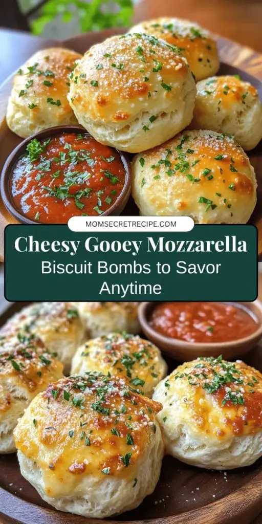 Discover the ultimate comfort food with Gooey Mozzarella Biscuit Bombs! These delicious bites blend flaky biscuits with melty mozzarella cheese, creating an irresistible snack perfect for any occasion. Ideal for gatherings, family dinners, or movie nights, these cheesy delights are a guaranteed crowd-pleaser. Serve them with marinara sauce for dipping, and enjoy a warm, gooey experience that everyone will love! #MozzarellaBiscuitBombs #CheeseLovers #ComfortFood #EasyRecipes #SnackIdeas #PartyFood