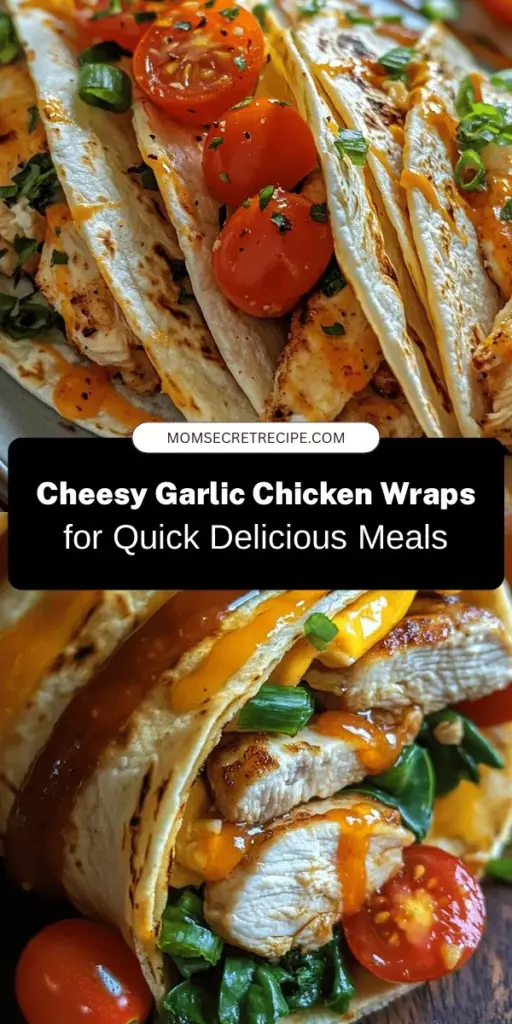 Indulge in the comforting flavors of Cheesy Garlic Chicken Wraps! Perfect for busy nights or casual gatherings, these wraps feature tender marinated chicken, gooey cheese, and fresh veggies all wrapped in a soft tortilla. Easy to customize, they’re a delightful blend of savory and nutritious ingredients that tantalize your taste buds. Elevate your mealtime experience with this deliciously simple recipe! #ChickenWraps #CheesyGoodness #EasyRecipes #DinnerIdeas #ComfortFood