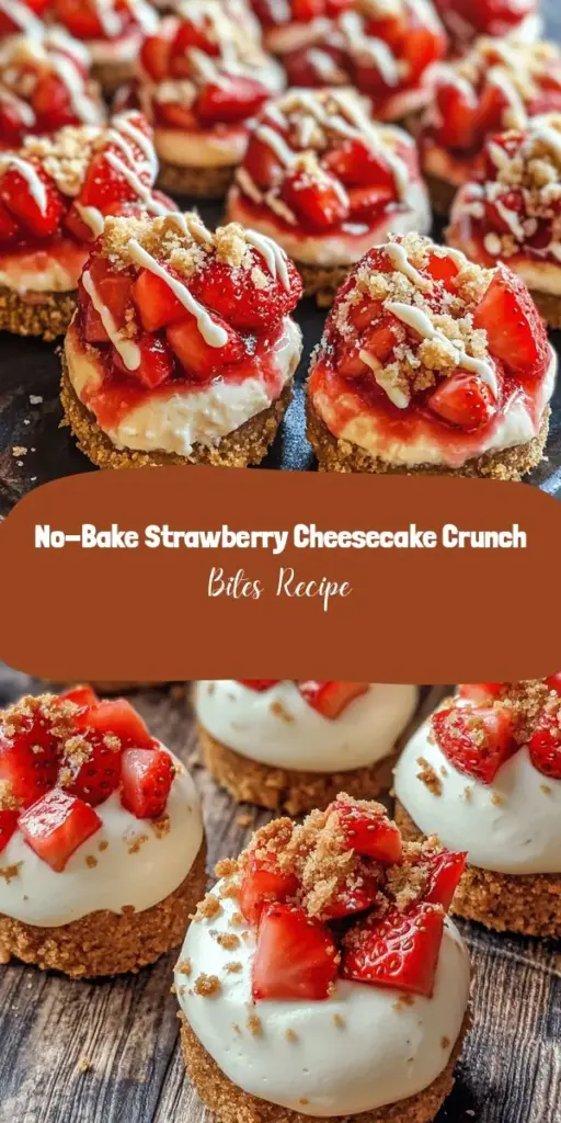 Satisfy your sweet cravings with these Strawberry Cheesecake Crunch Bites! This no-bake dessert blends creamy cheesecake with fresh strawberries, all set on a crunchy graham cracker base. Perfect for any occasion, these delightful treats are easy to make and fun to share. Whether you're hosting a party or enjoying a cozy snack, these bite-sized delights will impress everyone. Try this simple recipe today! #DessertRecipes #NoBake #Cheesecake #StrawberryDessert #SweetTreats #PartyFood