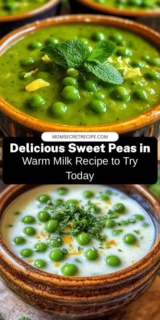 Discover the delightful simplicity of Sweet Peas in Warm Milk, a recipe that beautifully combines the natural sweetness of fresh peas with the creamy comfort of warm milk. This nutritious dish is easy to prepare and perfect for any mealtime. Elevate it with options like lemon zest or mint for added freshness. Enjoy the flavors of seasonal ingredients while promoting a healthy lifestyle! #SweetPeas #HealthyRecipes #CookingWithFreshIngredients #SimpleCooking #Foodie #SeasonalEating