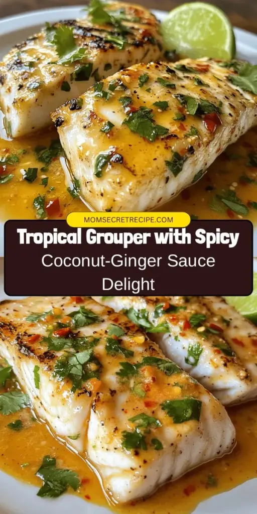 Experience a taste of the tropics with this vibrant Tropical Grouper with Spicy Coconut-Ginger Sauce! This delicious dish features flaky grouper paired with a creamy, spicy sauce made from coconut milk, fresh ginger, and zesty lime. Packed with healthy omega-3s and mouthwatering flavors, it's perfect for impressing guests or enjoying a tropical escape at home. Dive into this culinary delight! #SeafoodRecipes #TropicalCuisine #HealthyEating #Grouper #CoconutSauce #DinnerInspiration