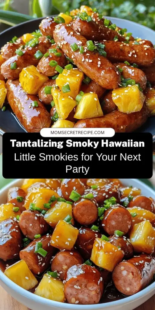 Discover the tropical delight of Smoky Hawaiian Little Smokies, a fun and flavorful twist on a classic appetizer! These bite-sized sausages are cooked in a rich, savory-sweet sauce featuring pineapple juice and teriyaki sauce, perfect for parties or family dinners. Easy to make and irresistible, they're sure to impress your guests! Try them today! #SmokyHawaiianLittleSmokies #Appetizers #PartyFood #TropicalRecipes #EasyRecipes #DeliciousSnacks #CulinaryExperience