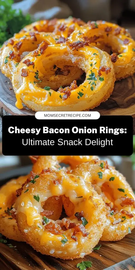 Looking for a crowd-pleasing snack? Try these cheesy bacon onion rings! This recipe combines sweet onions with crispy bacon and gooey cheddar for a flavor explosion. Perfect for game day, parties, or as a delicious appetizer, these crunchy bites are easy to make and absolutely irresistible. Serve with your favorite dipping sauces and watch them disappear! #CheesyBaconOnionRings #Appetizers #SnackIdeas #GameDayFood #ComfortFood #RecipeOfTheDay