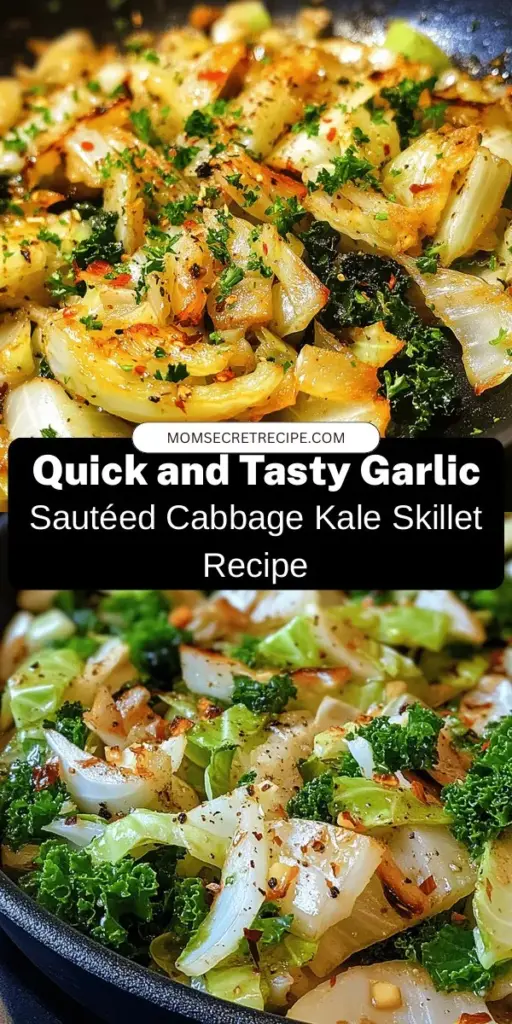 Discover the delightful Garlic Sautéed Cabbage Kale Skillet, a quick and nutritious side dish that enhances any meal. Packed with vitamins and antioxidants, this vibrant dish combines the savory flavors of garlic, tender cabbage, and earthy kale, topped with a splash of zesty lemon juice. Perfect for busy weeknights or special gatherings, it’s a true crowd-pleaser! Try it today and elevate your culinary experience. #VegetarianRecipes #HealthyEating #SideDishIdeas #KaleRecipes #CabbageLover #QuickMeals