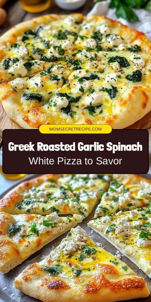 Indulge in the vibrant flavors of Mediterranean cuisine with our Greek Roasted Garlic Spinach White Pizza! This delicious recipe features creamy ricotta, savory roasted garlic, and fresh spinach on a crispy crust, making it a nutritious twist on a classic favorite. Perfect for weeknight dinners or gatherings, it’s easy to customize and guaranteed to impress. Gather your ingredients and embark on a culinary adventure today! #PizzaRecipe #MediterraneanCuisine #HealthyEating #GreekFood #WhitePizza #CookingAtHome