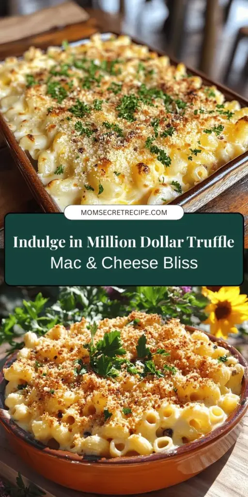 Indulge in the luxurious taste of Million Dollar Truffle Mac & Cheese, where classic comfort food gets an upscale twist with gourmet cheeses and rich truffle oil. This creamy, decadent dish is perfect for special gatherings or cozy family dinners, bringing warmth and nostalgia to every bite. Dive into this delightful recipe and impress your guests with a meal that's both elegant and satisfying! #MacAndCheese #ComfortFood #Truffle #GourmetCooking #Foodie