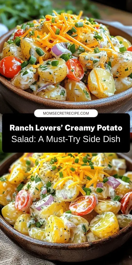 Discover the ultimate comfort food with Ranch Lovers’ Creamy Potato Salad! This delightful side dish is perfect for picnics, barbecues, and family gatherings. Made with tender baby potatoes, zesty ranch dressing, crunchy veggies, and a sprinkle of cheddar, this creamy salad is a crowd favorite. Refreshingly different yet familiar, it complements any meal and can be customized to suit your taste. Try it today! #PotatoSalad #RanchDressing #SideDish #ComfortFood #BBQRecipes #SummerEats