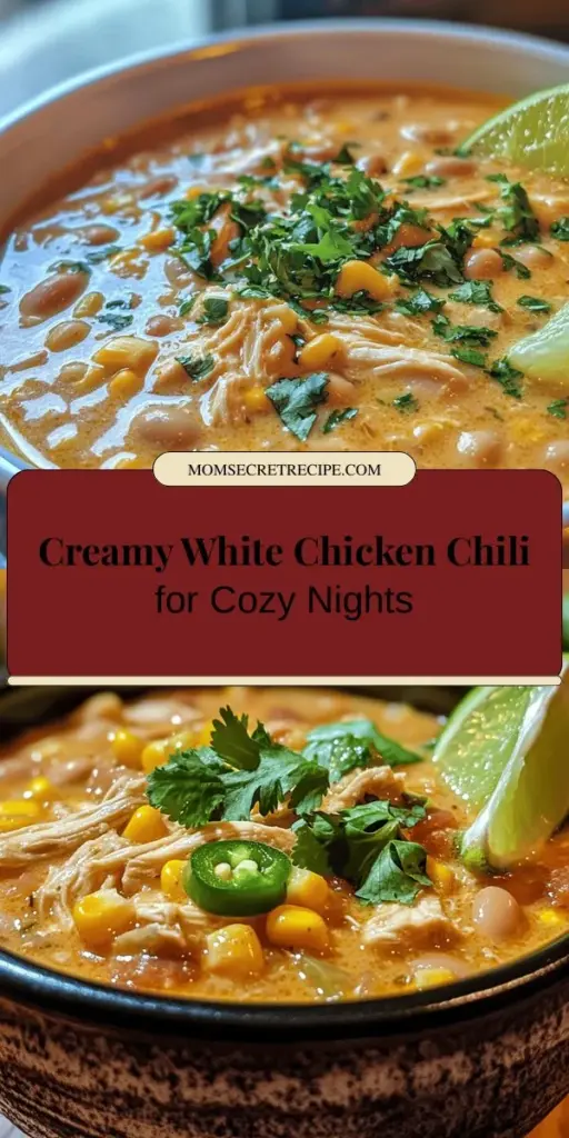 Discover the ultimate comfort food with this Creamy White Chicken Chili Delight! Perfect for those chilly nights, this dish combines tender chicken, hearty white beans, and a blend of spices that create a cozy and satisfying experience. It's not only delicious but also packed with nutrients, making it a wholesome choice for any dinner. Customize it to suit your taste and preferences! #CreamyWhiteChickenChili #ComfortFood #ChiliRecipe #HealthyEating #FoodieFavorites #DinnerIdeas #HomeCooking