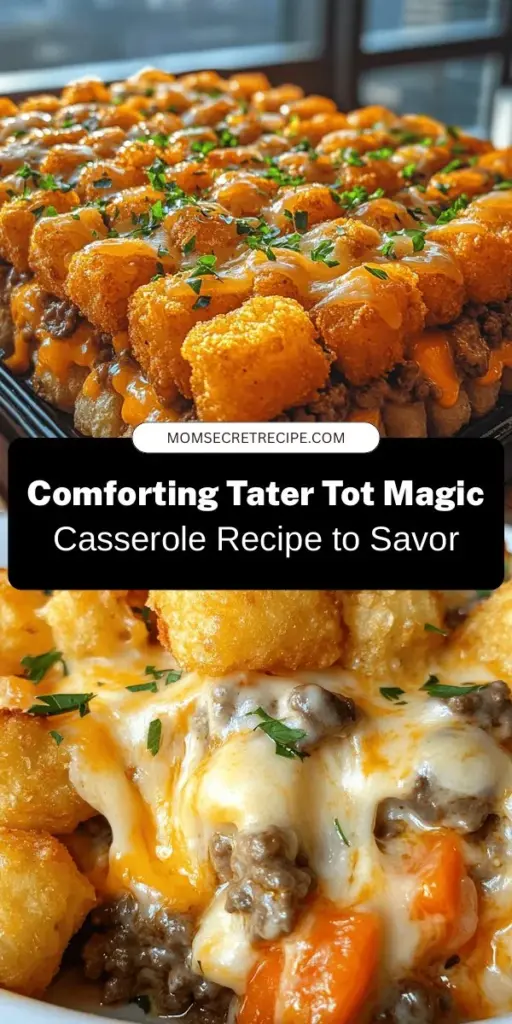 Discover the ultimate comfort food with Tater Tot Magic Casserole! This hearty dish combines crispy tater tots, savory ground beef or turkey, creamy mushroom soup, and mixed veggies for a family-friendly delight. With easy prep and simple ingredients, it's perfect for weeknight dinners or potlucks. Bring warmth and joy to your table with every delicious bite! Try this comforting recipe today! #TaterTotCasserole #ComfortFood #EasyRecipes #FamilyDinner #CasseroleLove