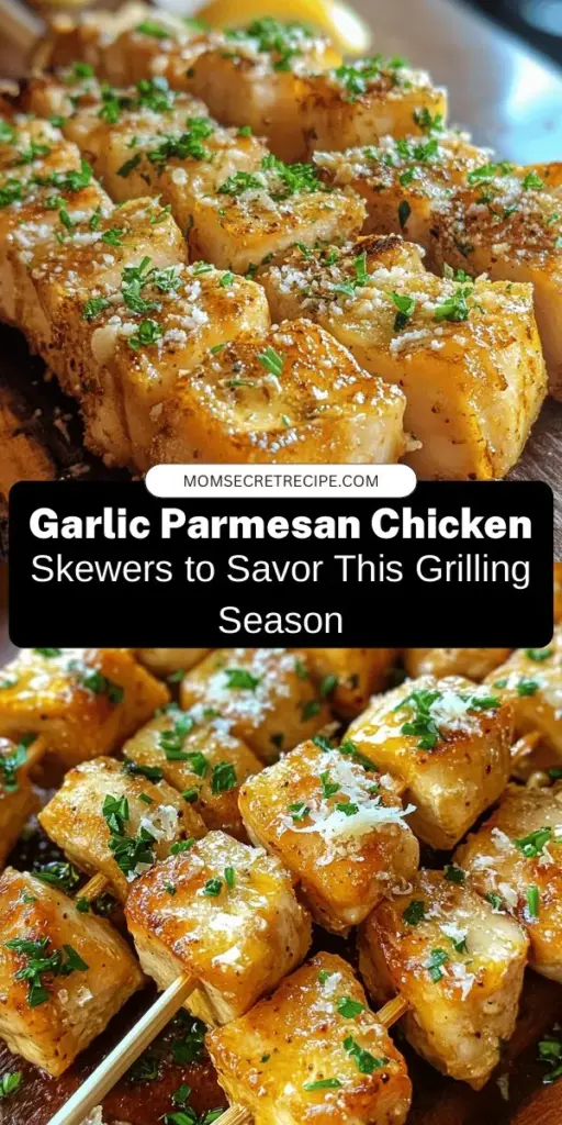 Fire up the grill and get ready for a flavorsome treat with Garlic Parmesan Chicken Skewers! This easy recipe features tender chicken marinated in a delicious blend of garlic and rich Parmesan cheese, perfect for any occasion. Whether it's a family dinner or a summer barbecue, these skewers are sure to impress. Pair them with fresh veggies or a zesty salad for a complete meal. Enjoy the perfect blend of flavors! #GarlicParmesan #ChickenSkewers #GrillingSeason #EasyRecipes #SummerEats