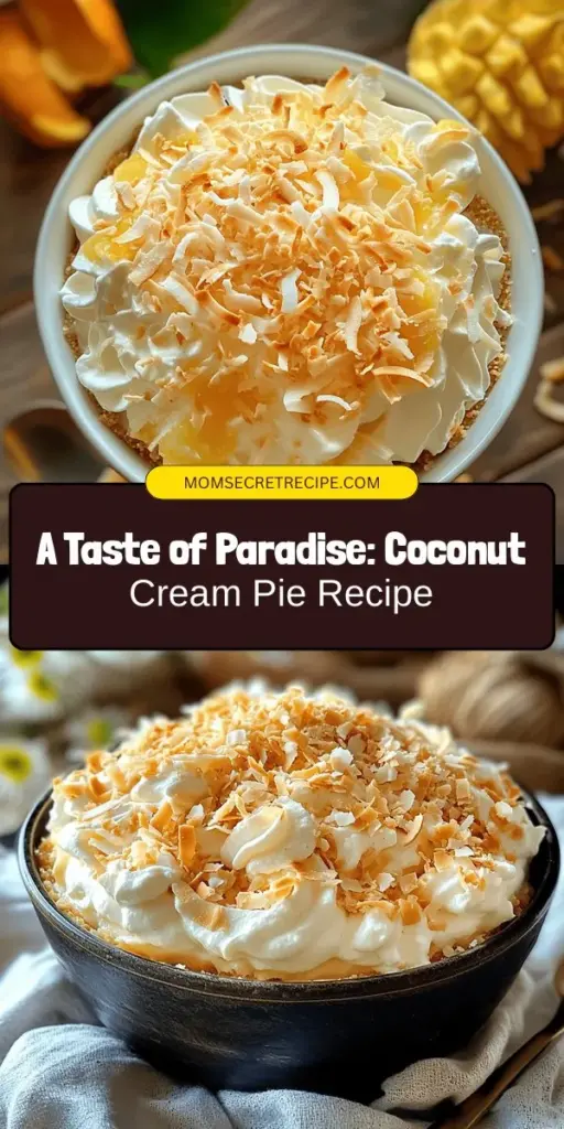 Indulge in a slice of paradise with our Tropical Paradise Coconut Cream Pie! This delightful dessert features a creamy coconut filling nestled in a flaky crust, topped with whipped cream and toasted coconut flakes. Perfect for summer gatherings or celebrations, this pie brings tropical flavors to your table. Enjoy a taste of the tropics in every bite and impress your friends and family! #CoconutCreamPie #TropicalDessert #BakingJoy #PieRecipe #SweetTreats #DessertInspiration