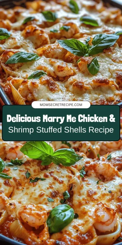 Discover the irresistible Marry Me Chicken & Shrimp Stuffed Shells recipe that combines comfort and romance in every bite. This dish features jumbo pasta shells stuffed with tender chicken, succulent shrimp, and a creamy blend of cheeses, all smothered in rich marinara sauce. Perfect for special occasions or cozy family dinners, these stuffed shells are sure to impress anyone at your table. Try this delightful recipe and create memorable moments! #PastaLovers #ComfortFood #DinnerRecipes #StuffedShells #CookingAtHome #MarryMeChicken #FoodieFavorites