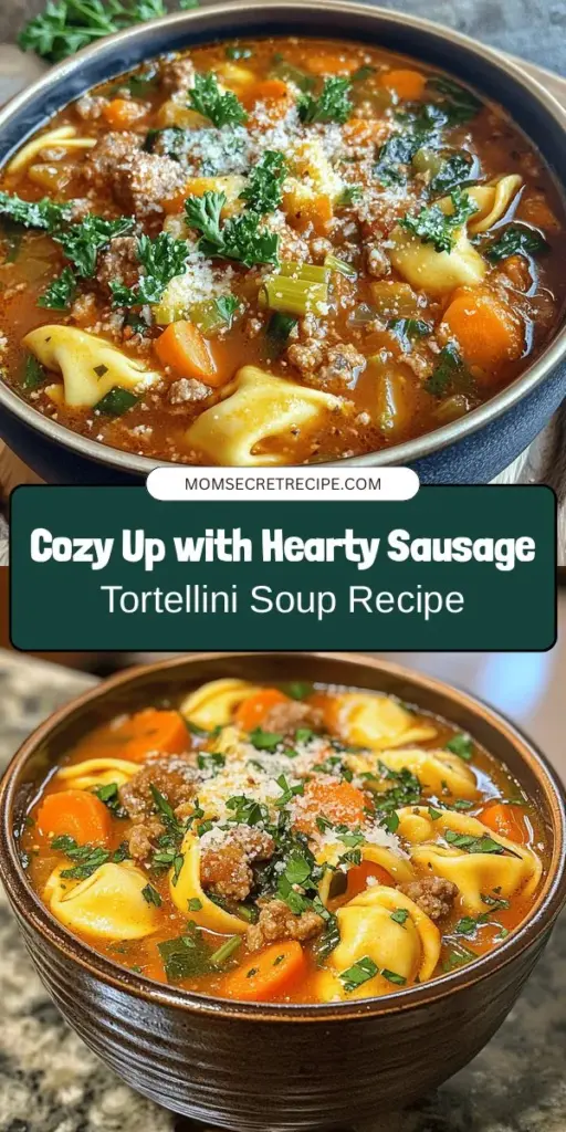 Warm up your cold evenings with this delightful Hearty Sausage Tortellini Soup! Packed with savory Italian sausage, tender tortellini, and fresh vegetables, this comforting dish is perfect for family dinners or cozy gatherings. Easy to prepare and bursting with flavor, it's both nutritious and satisfying. Top it off with some fresh parsley and Parmesan for the perfect finishing touch. Discover the joy of homemade comfort food! #SausageSoup #Tortellini #ComfortFood #HealthyEating #SoupRecipes