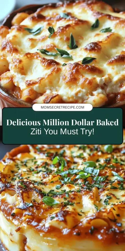 Indulge in the rich flavors of the Ultimate Million Dollar Baked Ziti! This decadent comfort dish features layers of ziti pasta, savory meat, creamy ricotta, and a medley of cheeses, making it a perfect choice for family gatherings or potlucks. Easy to customize and sure to impress, it's a crowd-pleaser that everyone will love. Dive into this delicious recipe for a taste of home-cooked goodness! #BakedZiti #ComfortFood #FamilyDinner #ItalianCuisine #RecipeIdeas