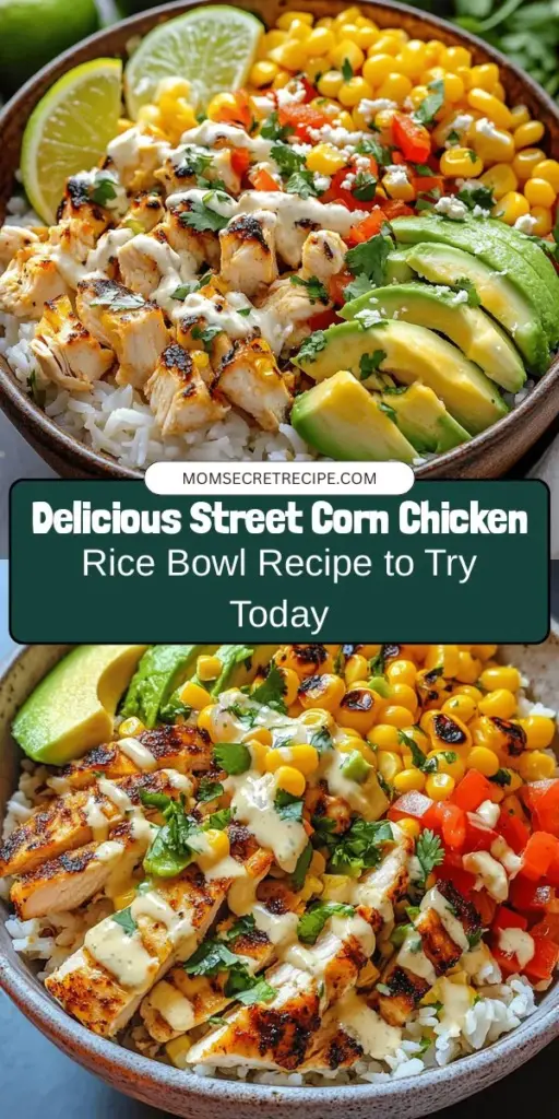 Savor the deliciousness of a Street Corn Chicken Rice Bowl, where grilled chicken meets sweet corn, creamy avocado, and vibrant red bell pepper in a delightful medley. This dish is perfect for weeknight meals or impressing guests with its colorful presentation and rich flavors. Easy to customize and packed with nutrients, this bowl brings a taste of summer and street food culture right to your table. Try it today! #StreetCorn #ChickenRiceBowl #HealthyEating #EasyRecipes #Foodie