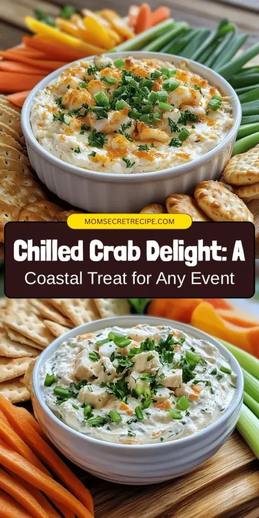 Indulge in the flavors of the coast with our Chilled Coastal Delight crab dish! This rich and creamy recipe highlights fresh lump crab meat, blended with tangy sour cream, Dijon mustard, and fresh herbs. Perfect for any occasion, it pairs beautifully with crackers and fresh veggies. Elevate your gatherings with this nutritious, visually stunning dish that transports you right to the shoreline. Get ready to impress your guests! #CrabRecipe #CoastalCuisine #DeliciousDishes #SeafoodLovers #AppetizerIdeas