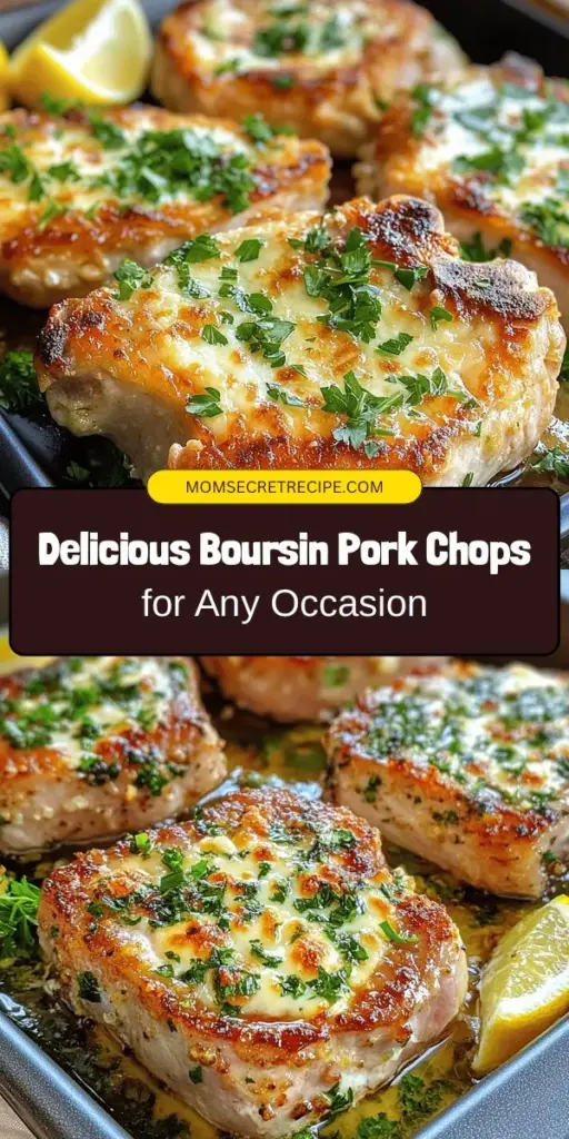 Looking for a dish that combines elegance and ease? Try these Boursin Bliss Pork Chops! With creamy Boursin cheese infused with garlic and herbs smothered over juicy pork chops, this recipe is perfect for both weeknight dinners and special occasions. Elevate your cooking with these flavorful, satisfying chops that impress every palate. Serve with roasted veggies or a fresh salad for a complete meal! #PorkChops #BoursinCheese #DinnerIdeas #GourmetCooking #EasyRecipes #Foodie